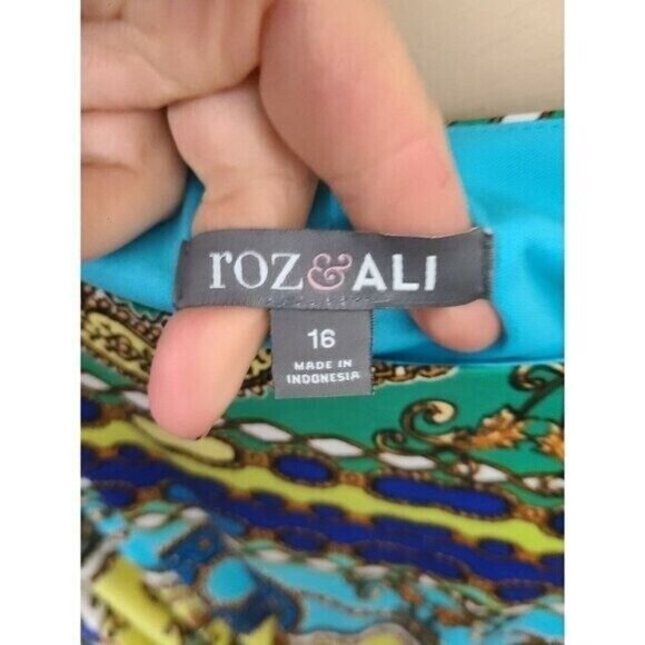 Roz & Ali Womens BOHO Sheath Dress Sz 16 Green Blue Floral Knot Front Cap Sleeve - Picture 6 of 8